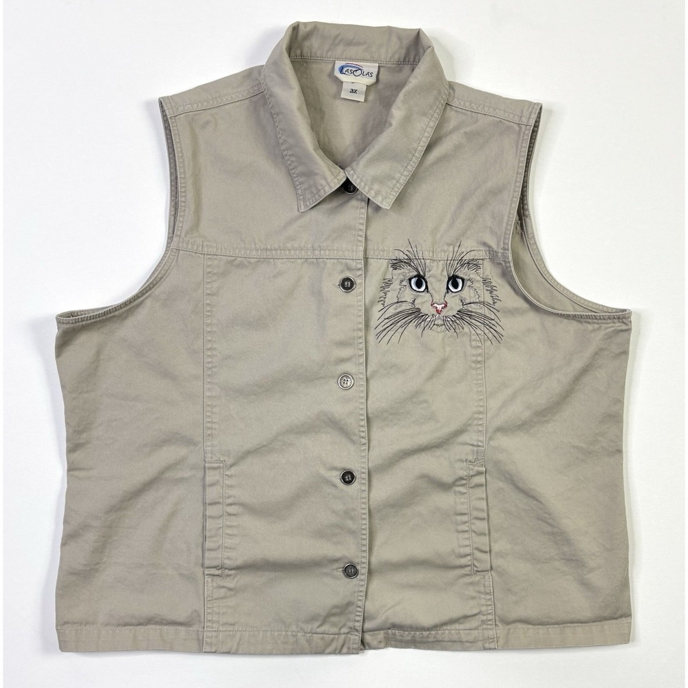 Las Olas Sleeveless Shirt Women's 2X Cat Vintage Embroidered Vest Beige Button
